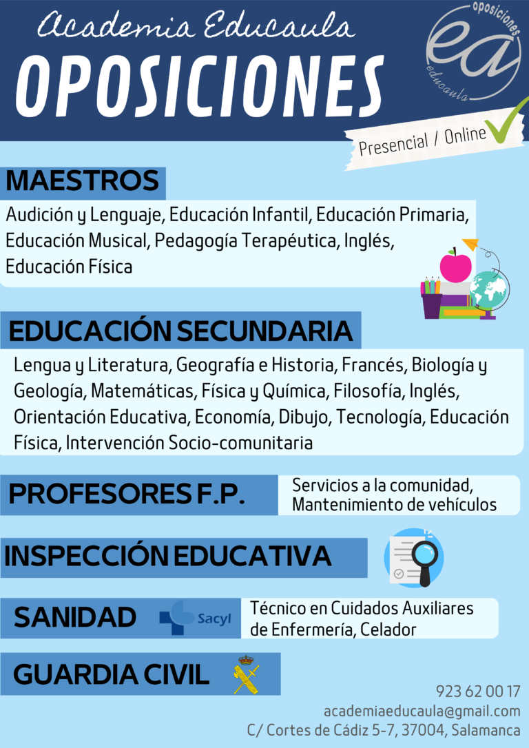EDUCAULA PREPARA OPOSICIONES DOCENTES: MAESTR@S, SECUNDARIA Y OTROS CUERPOS E INSPECCIÓN CURSO 2O22-23 (presencial y online)