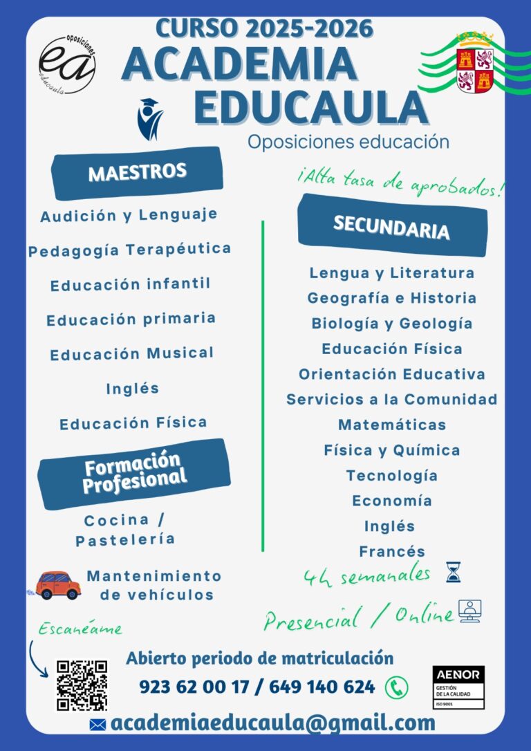 ACADEMIA EDUCAULA: ESPECIALIDADES A PREPARAR EL CURSO 2025-26. Presencial u online.