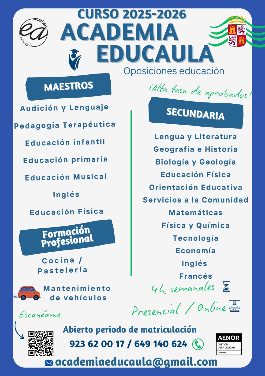 ACADEMIA EDUCAULA: ESPECIALIDADES A PREPARAR EL CURSO 2025-26. Presencial u online.