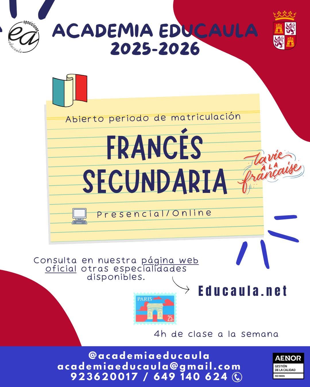 EDUCAULA CENTRO DE PREPARACIÓN DE OPOSICIONES DOCENTES PREPARA LA ESPECIALIDAD DE FRANCÉS DEL CUERPO DE SECUNDARIA 2025-26. PRESENCIAL Y ONLINE