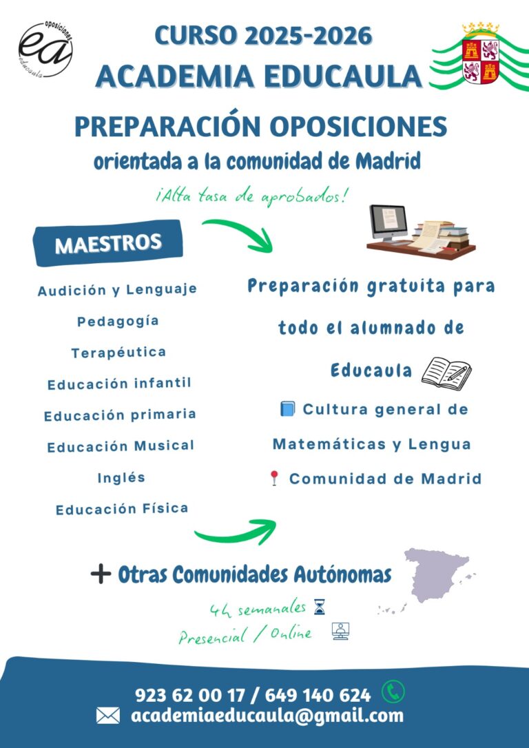 ACADEMIA EDUCULA PREPARA OPOCIONES MAESTROS 2026 ORIENTADO A LA COMUNIDAD DE MADRID. Incluida la parte de cultura general. Presencial u online.