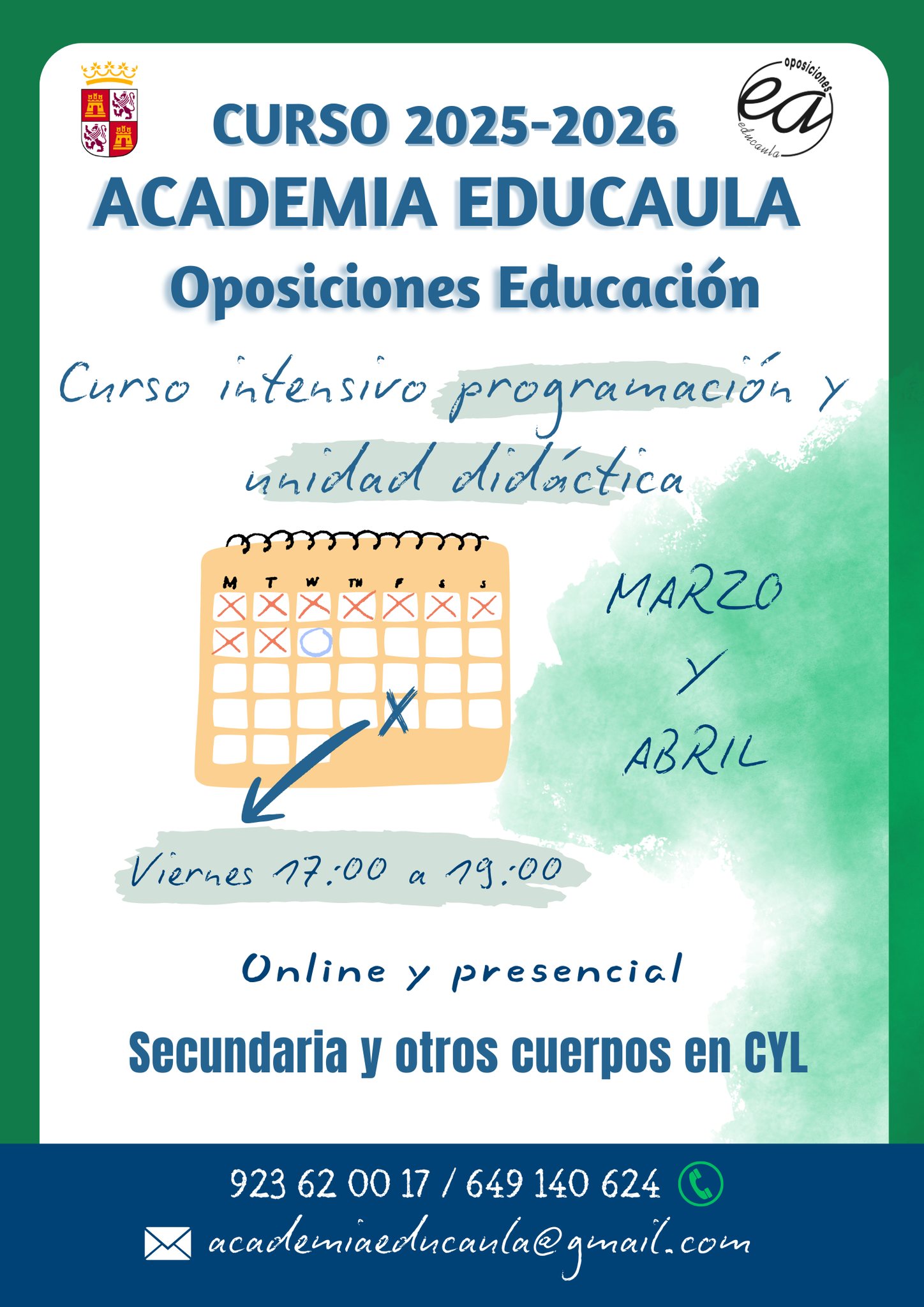 EDUCAULA ORGANIZA CURSO INTENSIVO DE PREPARACIÓN DE PROGRAMACIÓN Y UNIDADES DIDÁCTICAS PARA SECUNDARIA EN CASTILLA Y LEÓN 2026. Meses de marzo y abril (presencial y online). INFORMATE